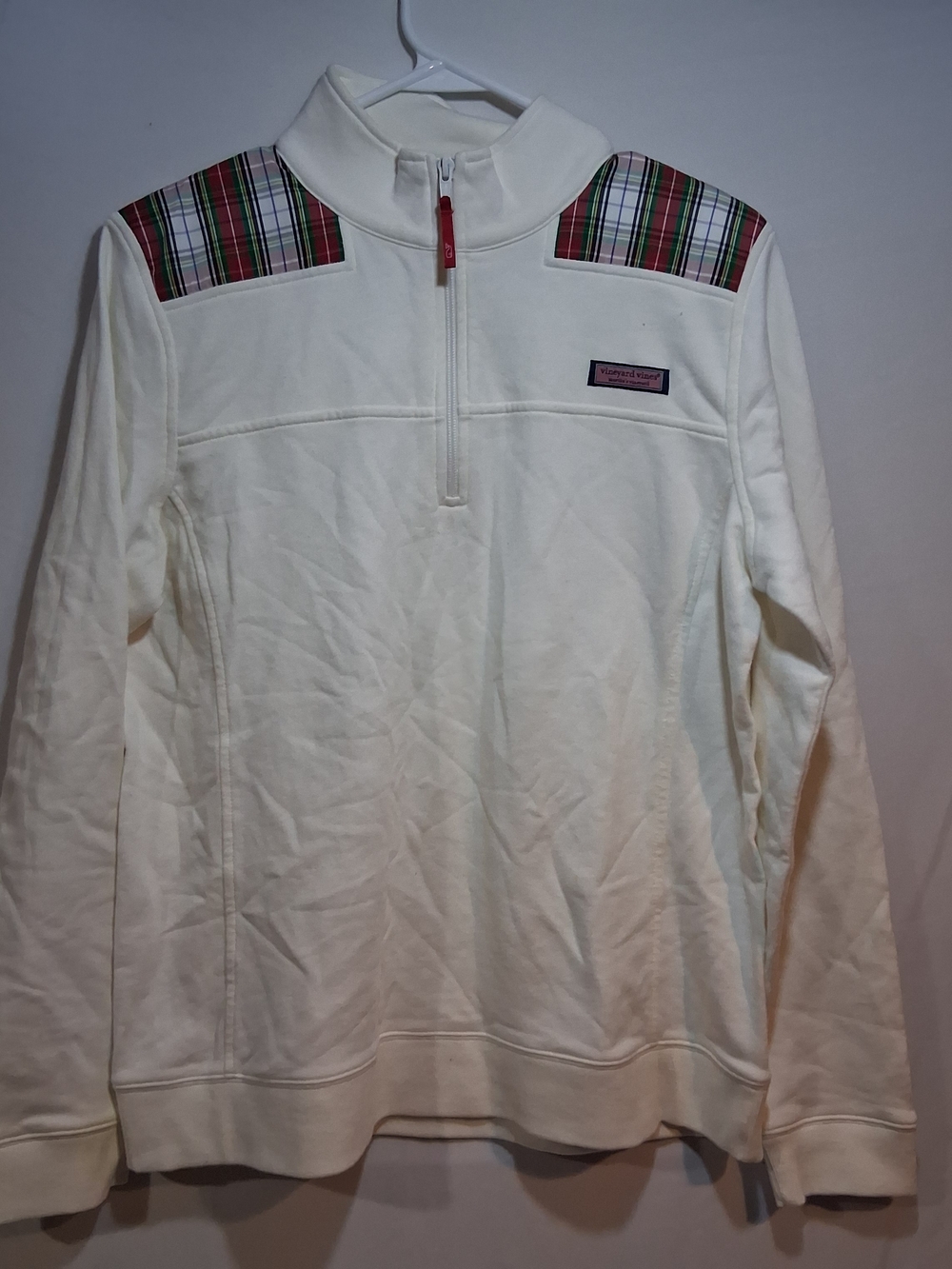 Vineyard Vines White 1/4 Zip Pullover with Red Plaid Shoulder Accents